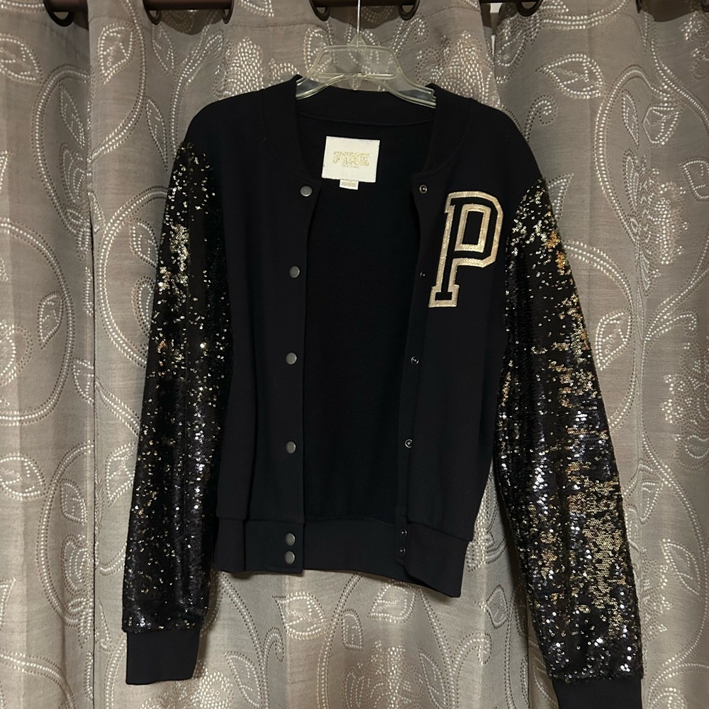 Sequin Sleeve Black and Gold Sequin Varsity Jacket